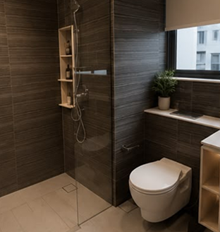Equinox Atelier bathroom with timber-look tiles and walk-in shower