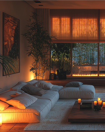 Equinox Atelier cozy lounge nook with floor seating and linear fire feature