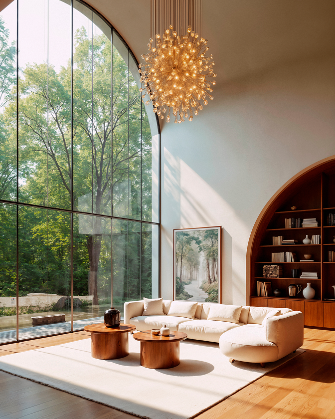 Equinox Atelier double-height living room with arched windows and reading nook