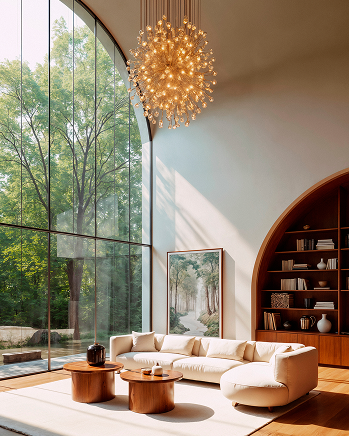 Equinox Atelier double-height living room with starburst chandelier and curved sofa