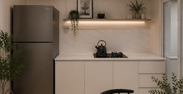 Equinox Atelier dry kitchen pantry with marble backsplash