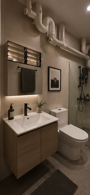 Equinox Atelier ensuite bathroom with floating wood vanity and industrial-style exposed piping