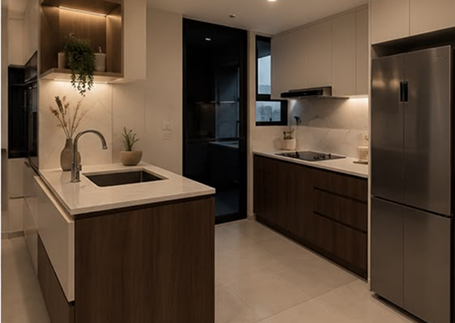 Equinox Atelier kitchen with island counter and integrated appliances