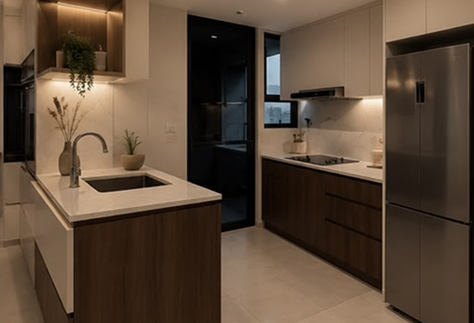 Equinox Atelier kitchen with marble countertop and wood cabinetry