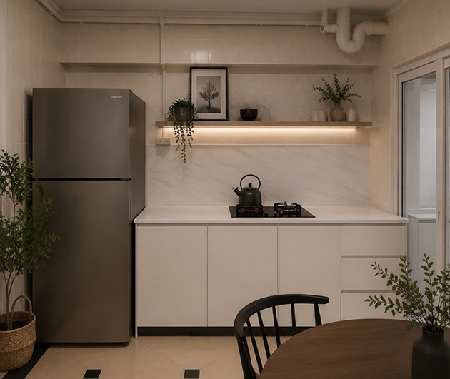 Equinox Atelier kitchenette with marble backsplash and open wood shelving