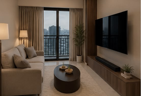 Equinox Atelier living room with city view and wood media console