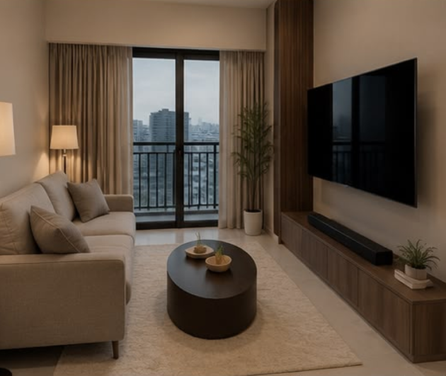 Equinox Atelier living room with sectional sofa and city skyline view
