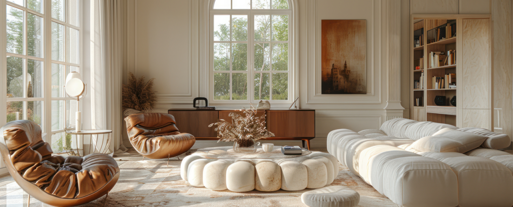 Equinox Atelier living room with tufted bubble sofa and arched windows
