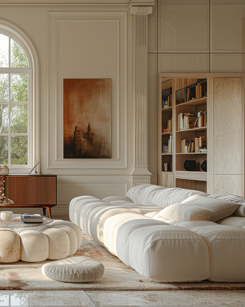 Equinox Atelier living room with tufted bubble sofa and built-in bookshelf