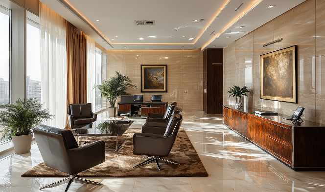 Equinox Atelier luxurious living room with a coffered ceiling and warm wood tones