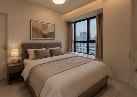 Equinox Atelier master bedroom with upholstered headboard and city view